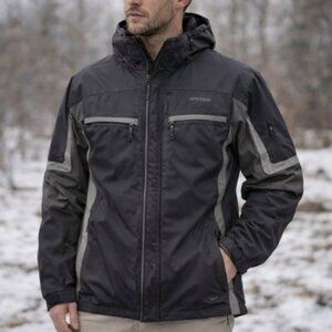 Spyder Men’s Ski Jacket Large Black & Gray Colorblock Hidden Hood Vintage Y2K